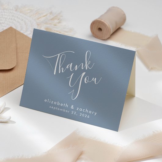 Modern Script Dusty Blue Wedding Bedankt Kaart