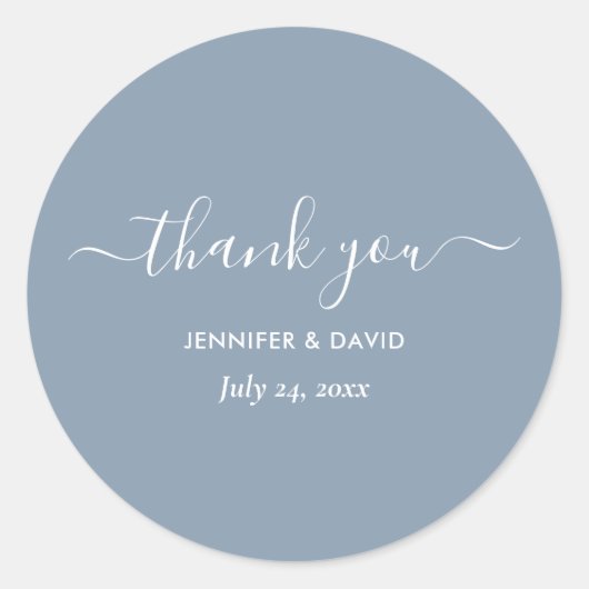 Modern Script Dusty Blue Wedding Bedankt Ronde Sticker (Voorkant)