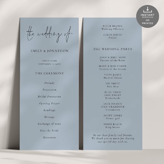 Modern Script Dusty Blue Wedding-programma Kaart