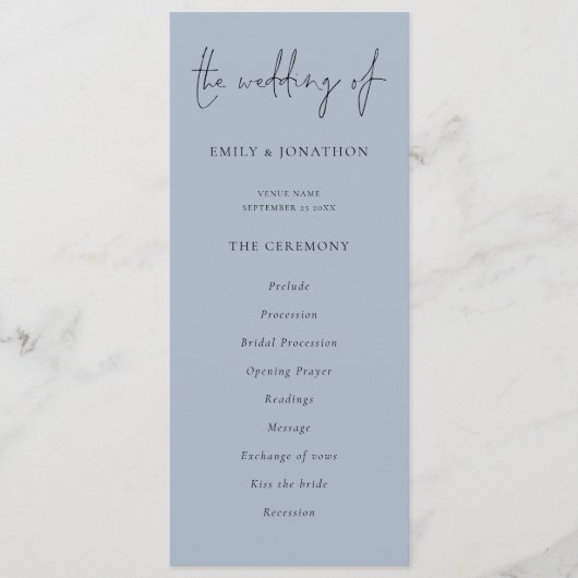 Modern Script Dusty Blue Wedding-programma Kaart (Voorkant)