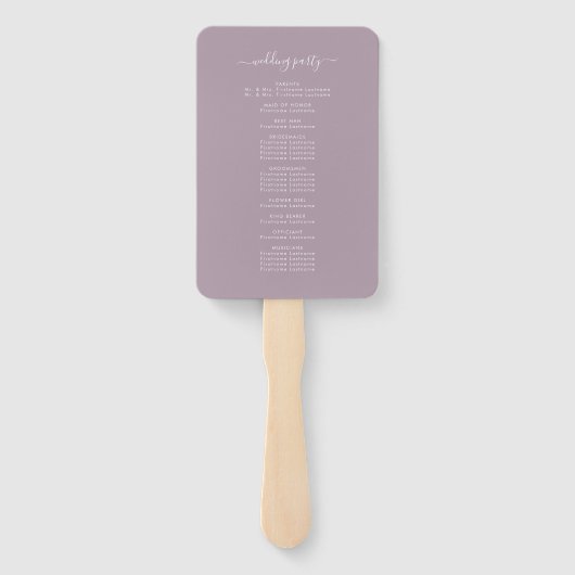 Modern Script Dusty Lavender Wedding Program Handwaaier (Achterkant)