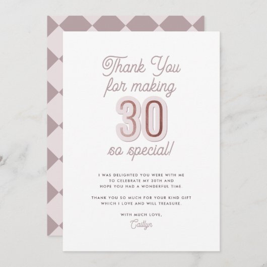 Modern Script Dusty Lila Roos Gold 30th Birthday Bedankkaart (Voorkant / Achterkant)