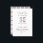 Modern Script Dusty Lila Roos Gold 30th Birthday Bedankkaart<br><div class="desc">Modern Script Dusty Lila Roos Gold 30th Birthday bedankje. Met een witte achtergrond die kan worden gewijzigd in elke kleur,  '30' in vet sans-serif lettertype met faux roos gouden folie inline,  samen met een aangepaste bericht hieronder.</div>