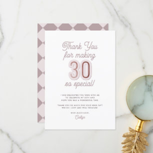 Modern Script Dusty Lila Roos Gold 30th Birthday Bedankkaart