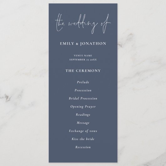 Modern Script Dusty Navy Blue Wedding-programma Kaart (Voorkant)