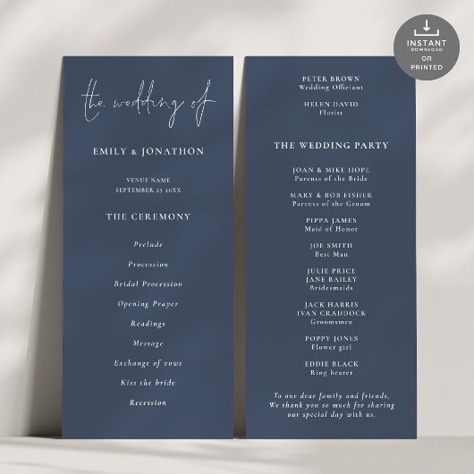 Modern Script Dusty Navy Blue Wedding-programma Kaart