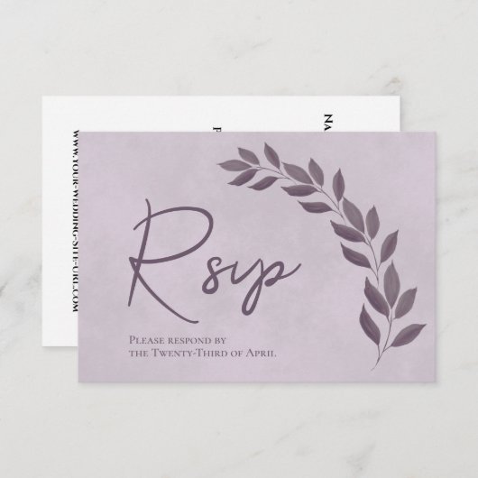 Modern Script Dusty Paars & Plum Leaves Wedding RSVP Kaartje (Voorkant / Achterkant)