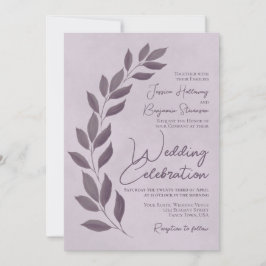 Modern Script Dusty Paarse Heather Leaves Wedding Kaart