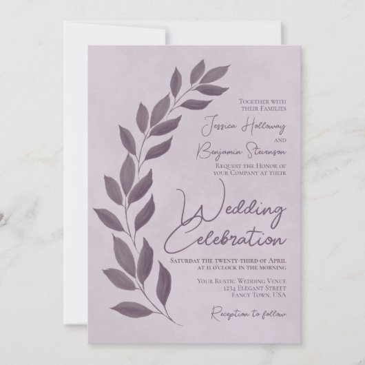 Modern Script Dusty Paarse Heather Leaves Wedding Kaart (Voorkant)