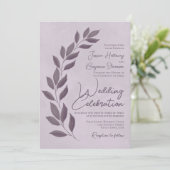 Modern Script Dusty Paarse Heather Leaves Wedding Kaart (Staand voorkant)