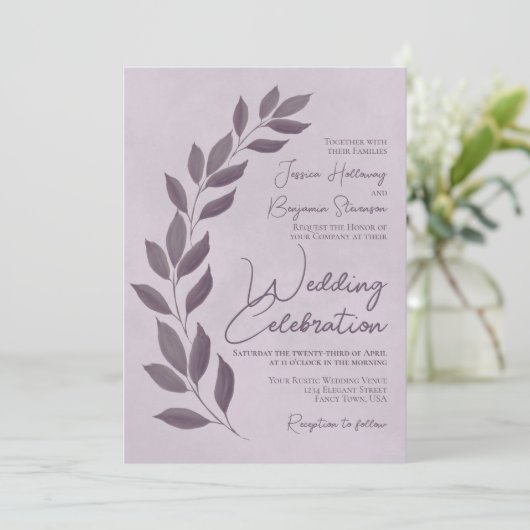 Modern Script Dusty Paarse Heather Leaves Wedding Kaart (Staand voorkant)