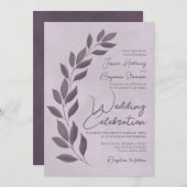 Modern Script Dusty Paarse Heather Leaves Wedding Kaart (Voorkant / Achterkant)