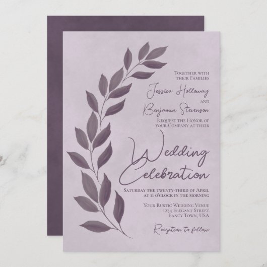 Modern Script Dusty Paarse Heather Leaves Wedding Kaart (Voorkant / Achterkant)