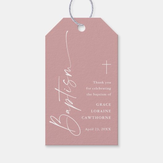 Modern Script Dusty Pink Baptism Bedankt Favor Cadeaulabel (Voorkant)