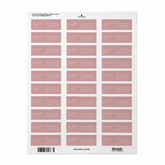 Modern Script Dusty Pink Baptism Retouradres Etiket (Full Sheet)