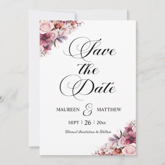 Modern Script Dusty Pink Boho Floral Save the Date (Voorkant)