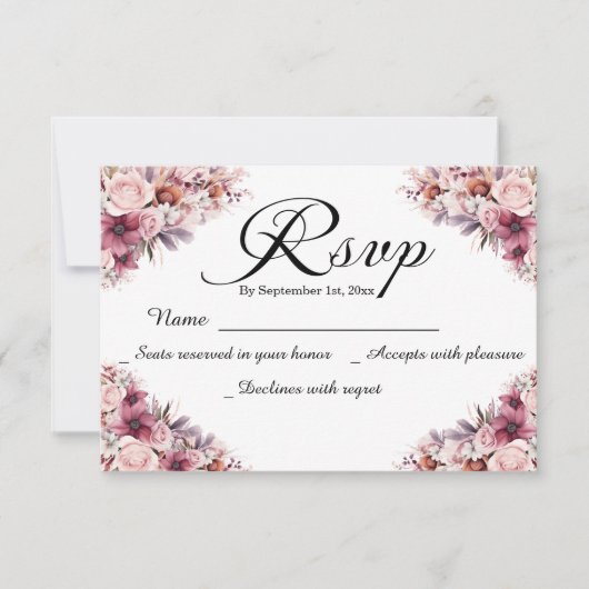 Modern Script Dusty Pink Floral Wedding RSVP Kaart (Voorkant)