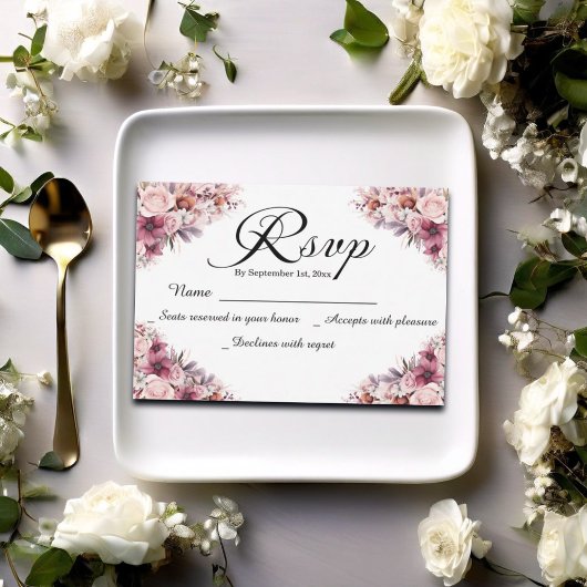 Modern Script Dusty Pink Floral Wedding RSVP Kaart