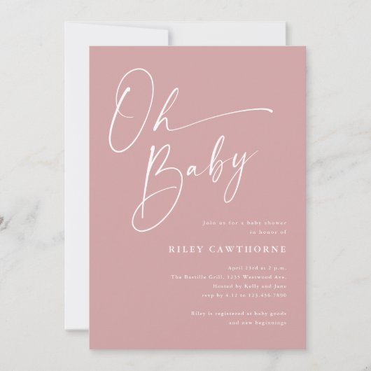 Modern Script Dusty Pink Oh Baby shower Kaart (Voorkant)