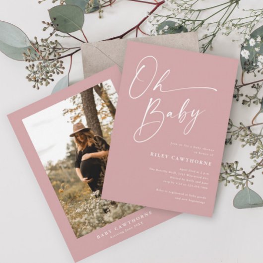 Modern Script Dusty Pink Photo Baby shower Kaart