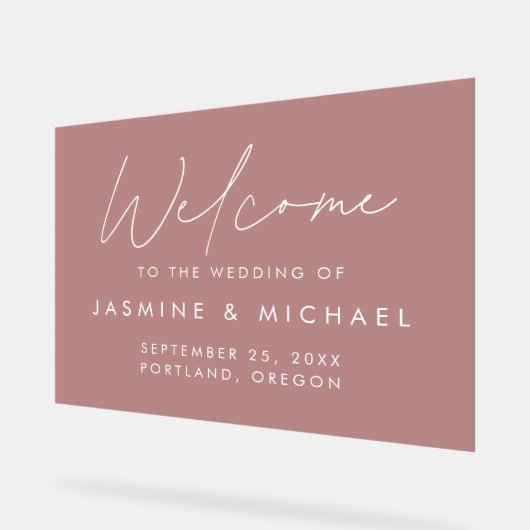 Modern Script Dusty Roos Bruiloft Welkom Acryl Bord (Hoek)