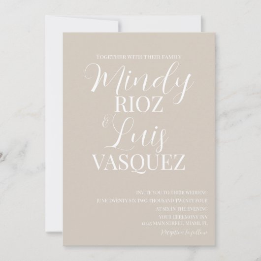 Modern Script Earthy Beige Tan Wedding Uitnodiging (Voorkant)