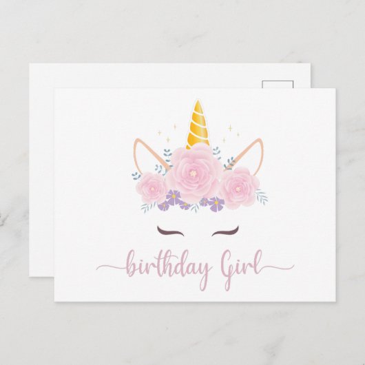 Modern Script Eenhoorn Verjaardagsmeisje Briefkaart (Voorkant / Achterkant)