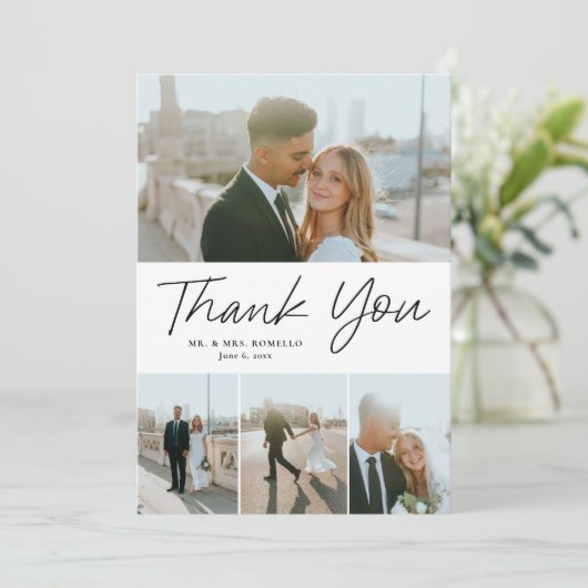 Modern Script Eenvoudig 4 foto bruiloft Bedankkaart (Staand voorkant)