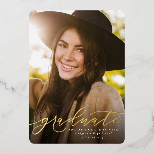 Modern script eenvoudig één foto-afstuderen folie uitnodiging (Voorkant)