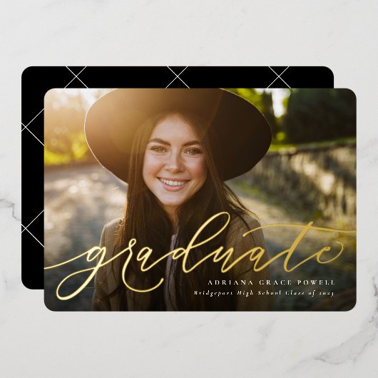 Modern script eenvoudig één foto-afstuderen folie uitnodiging (Voorkant / Achterkant)