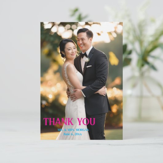 Modern Script Eenvoudige foto bruiloft Bedankkaart (Staand voorkant)