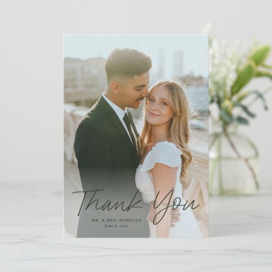 Modern Script Eenvoudige foto bruiloft dank u Kaart (Staand voorkant)
