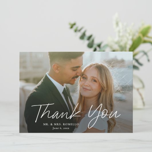 Modern Script Eenvoudige foto bruiloft dank u Kaart (Staand voorkant)