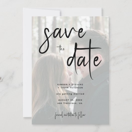 Modern script eenvoudige foto QR code bruiloft Save The Date (Voorkant)