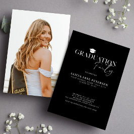 Modern script eenvoudige foto zwart afstudeerfeest kaart