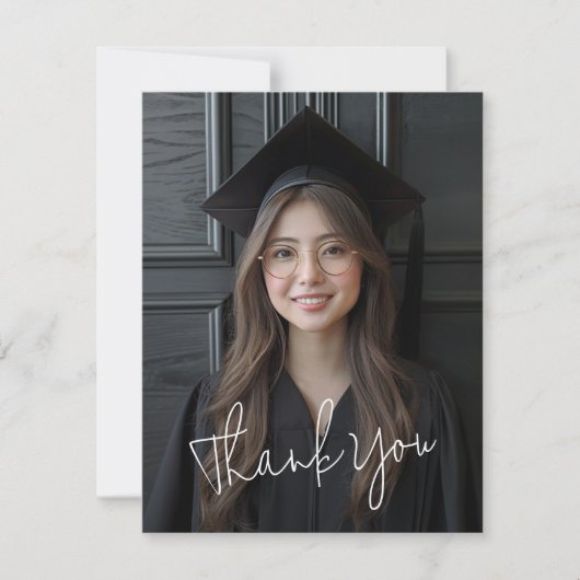 Modern script eenvoudige foto zwart afstuderen bedankkaart (Voorkant)