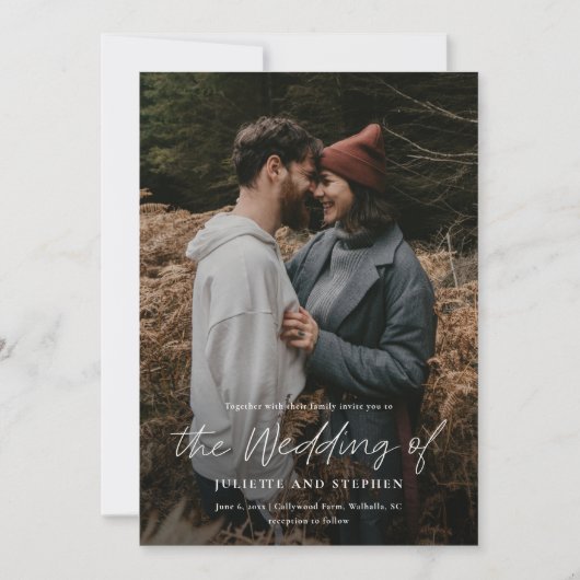 Modern Script Eenvoudige QR-code Foto Bruiloft Kaart (Voorkant)