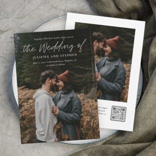 Modern Script Eenvoudige QR-code Foto Bruiloft Kaart