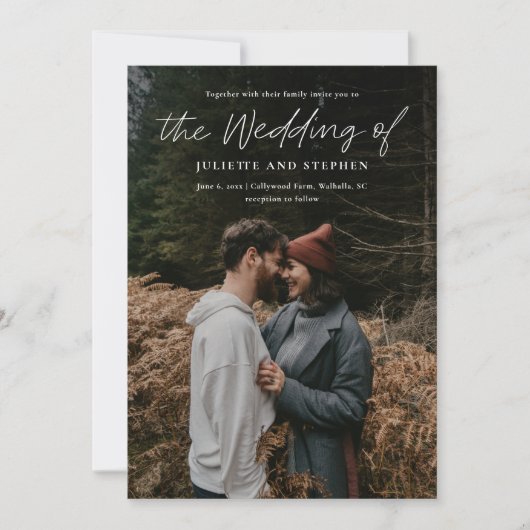 Modern Script Eenvoudige QR-code Foto Bruiloft Kaart (Voorkant)