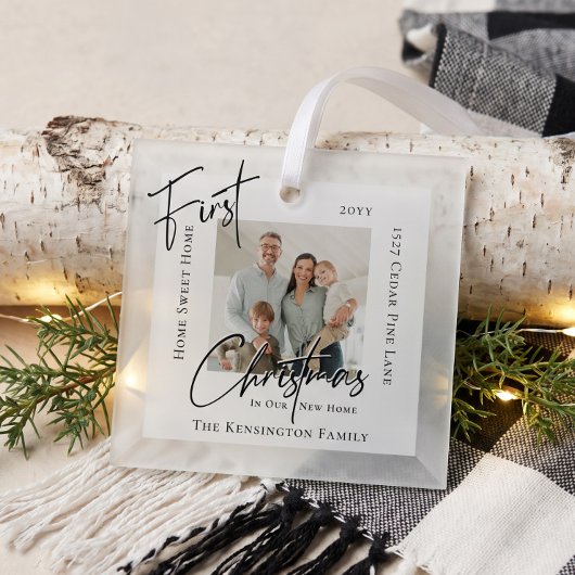 Modern Script Eerste Kerstmis in Nieuw Thuis Foto Glas Ornament