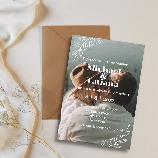 modern script elegant botanisch boho foto trouwfee kaart