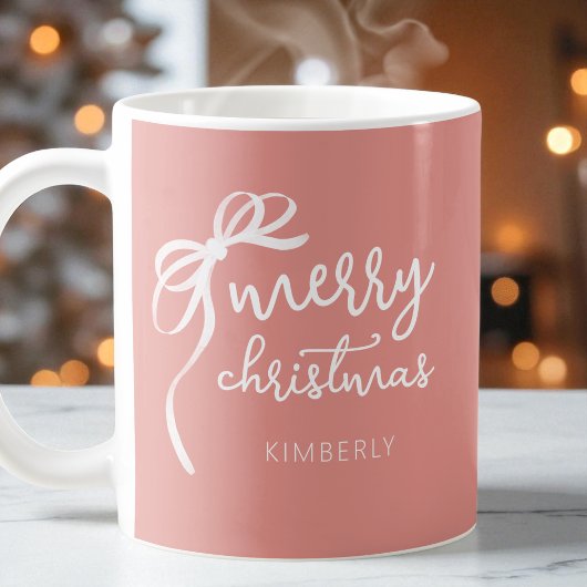 Modern Script Elegant Bow Roze Vrolijk Kerstfeest Koffiemok