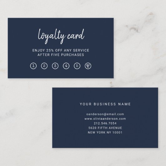Modern script | Elegant en Simple Navy Blue Klantenkaartje (Voorkant / Achterkant)