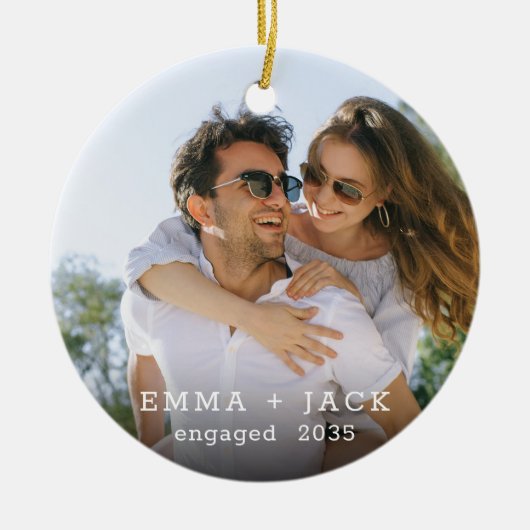 Modern Script Elegant Engagement Photo Keepsake Keramisch Ornament (Voorkant)