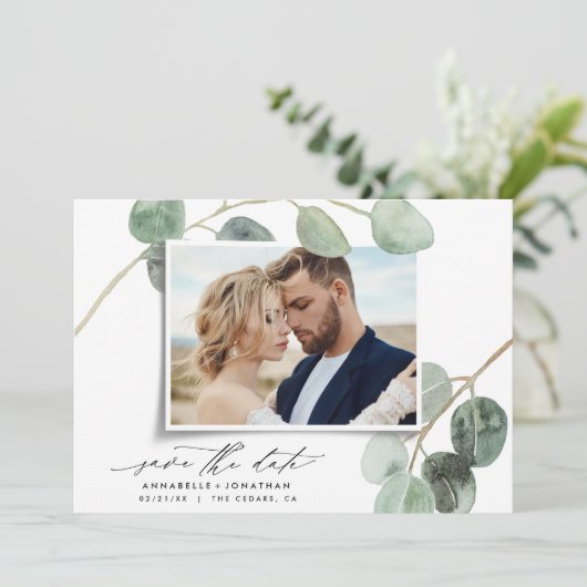 Modern script elegant  foto eucalyptus inv kaart (Staand voorkant)