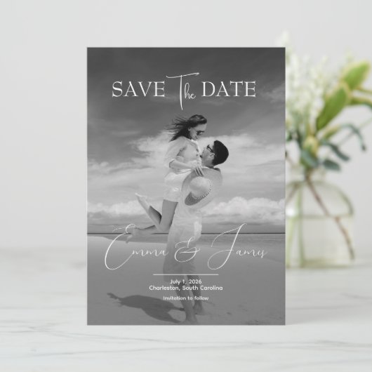 Modern Script Elegant Greyscale Wedding Photo Save The Date (Staand voorkant)