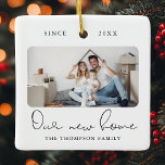 Modern Script Elegant New Home Sweet Home Photo  Keramisch Ornament<br><div class="desc">This modern script photo OUR NEW HOME ornament features two of your favorite photos (on the front and back) of your new house as well as your family name and date. This stylish keepsake for new homeowners will remind you of your big moving day for decades to come.</div>