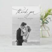 Modern Script Elegant Photo Wedding Thank You Card Kaart (Staand voorkant)