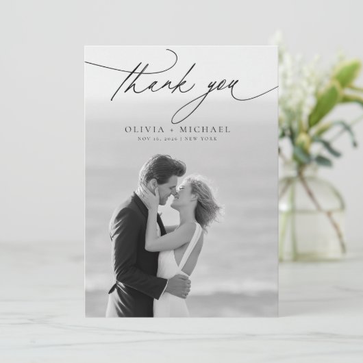 Modern Script Elegant Photo Wedding Thank You Card Kaart (Staand voorkant)