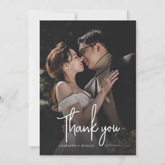 Modern Script Elegante foto bruiloft Bedankkaart (Voorkant)